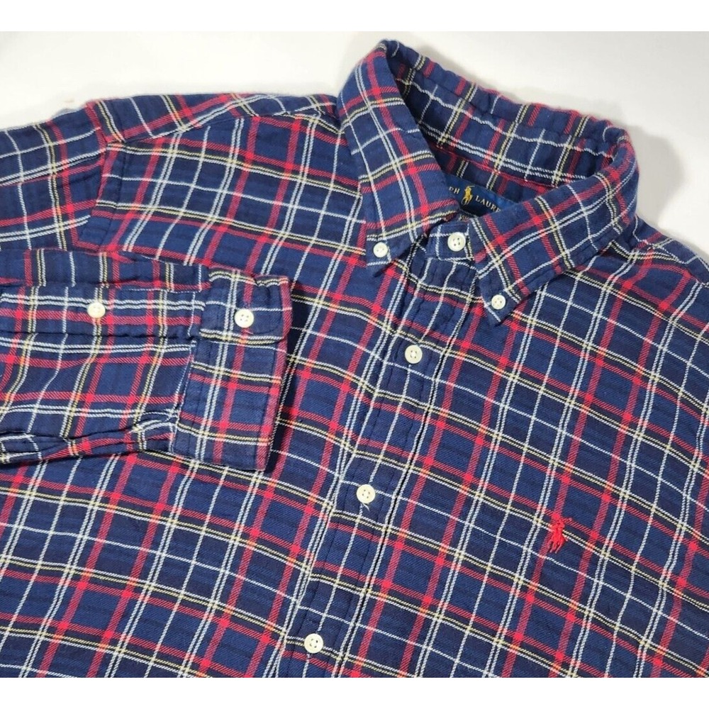Polo Ralph Lauren Mens XL Classic Fit Plaid Flannel Button Down Shirt Navy Red